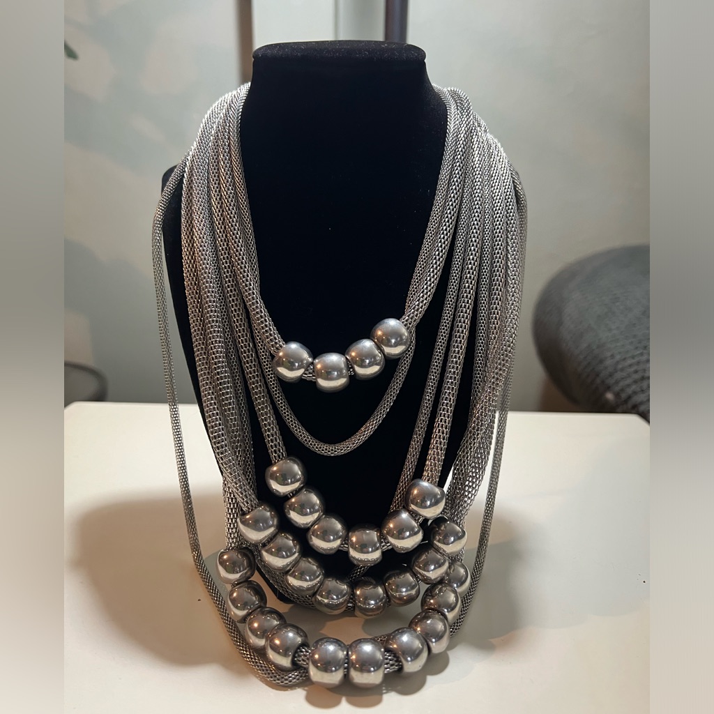 Mika Silver-Tone Signature Necklace With 8 Stands Of Mesh Chains And Silver Ball